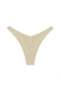 Cream-colored minimalist y-back bikini bottom in smooth fabric with clean lines from la reveche womens slip sahar white back view