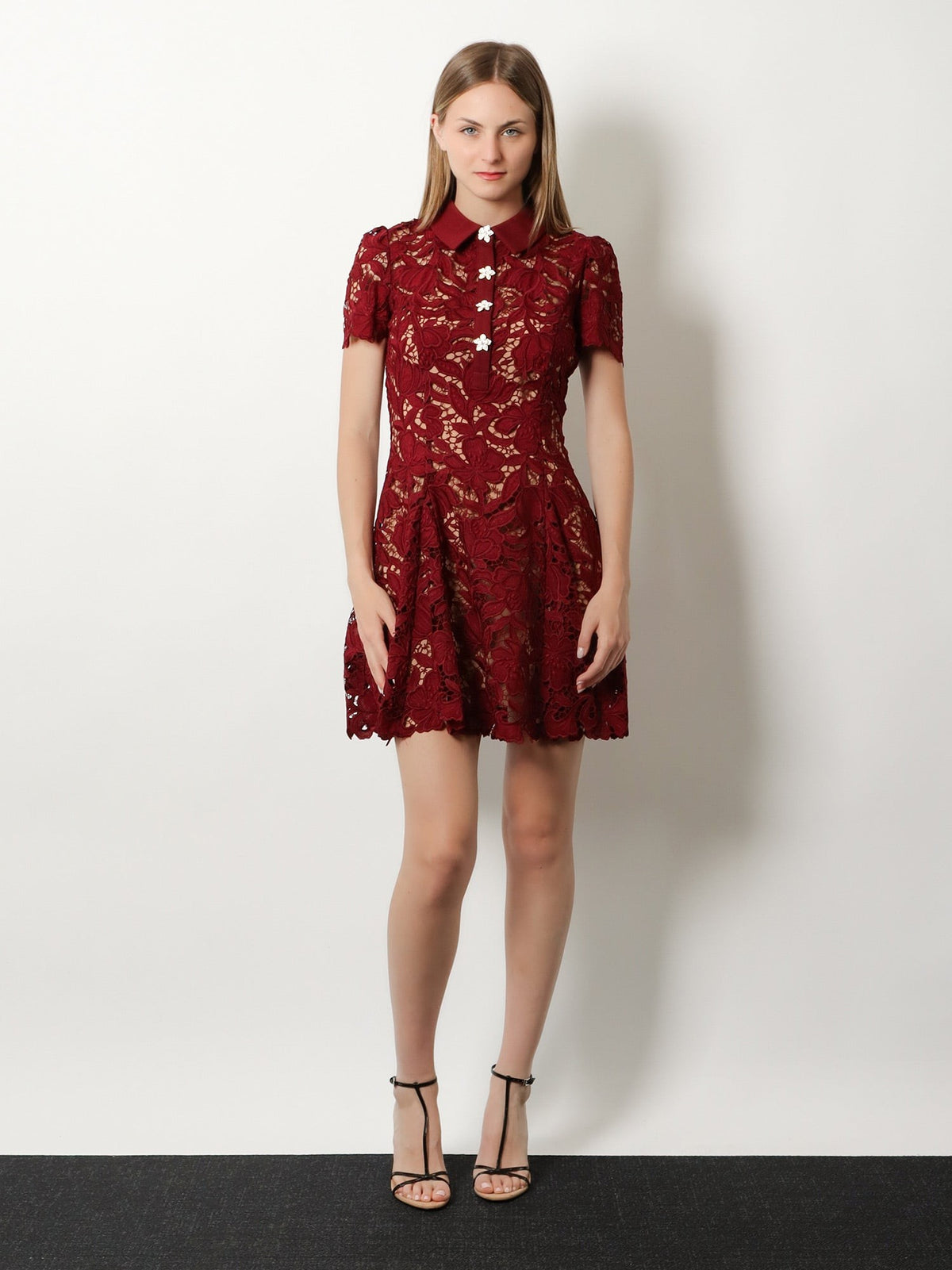 self-portrait Women's Lace Mini Dress Red, view 2
