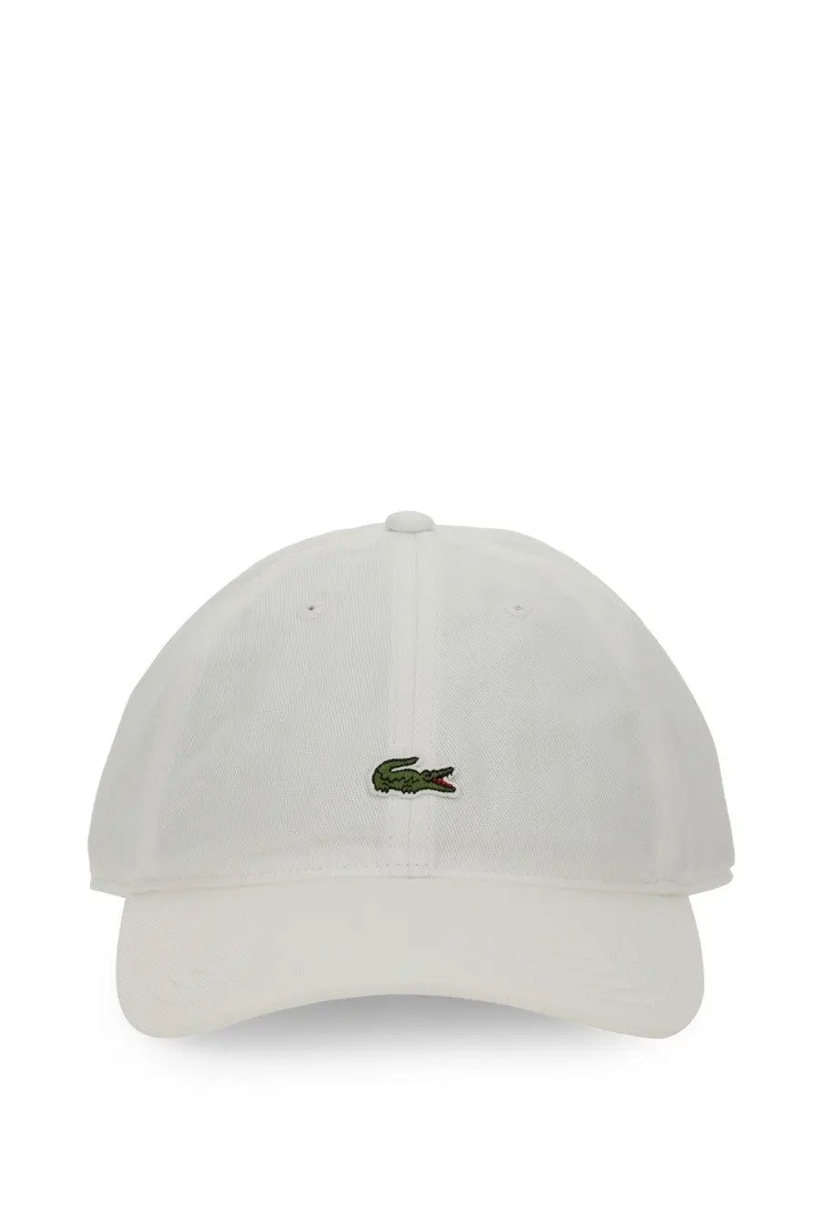 Lacoste men’s white baseball hat with small embroidered green crocodile logo on the front panel