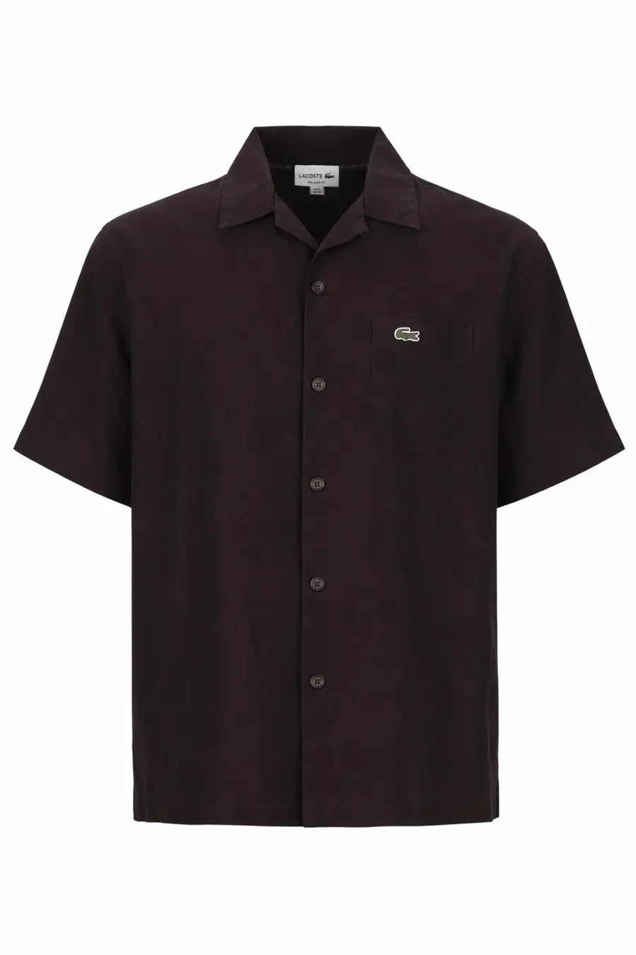 Lacoste men’s black short-sleeved button-up shirt with subtle embroidered crocodile logo on left chest
