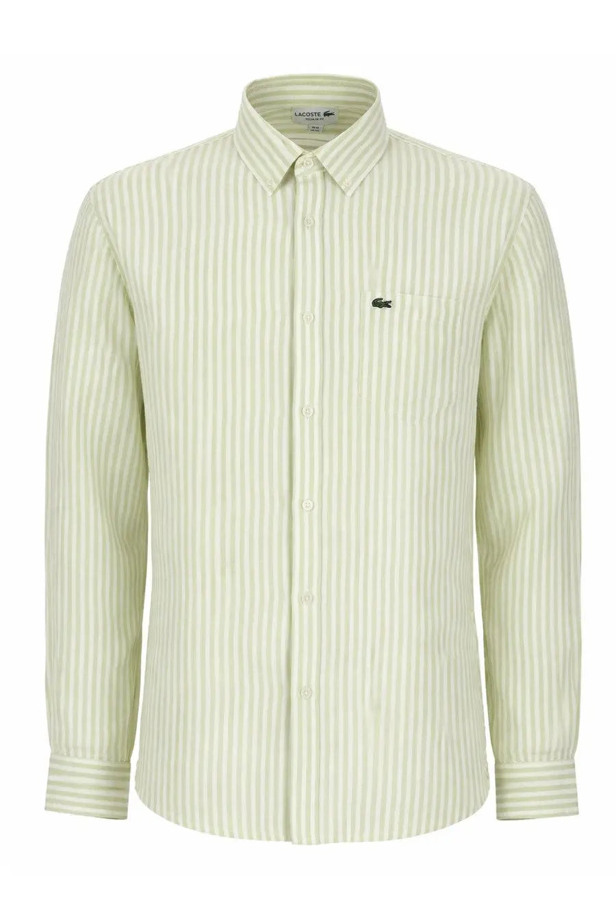 Lacoste men’s camicia con green long-sleeved button-down shirt with pale green and white stripes and black crocodile logo
