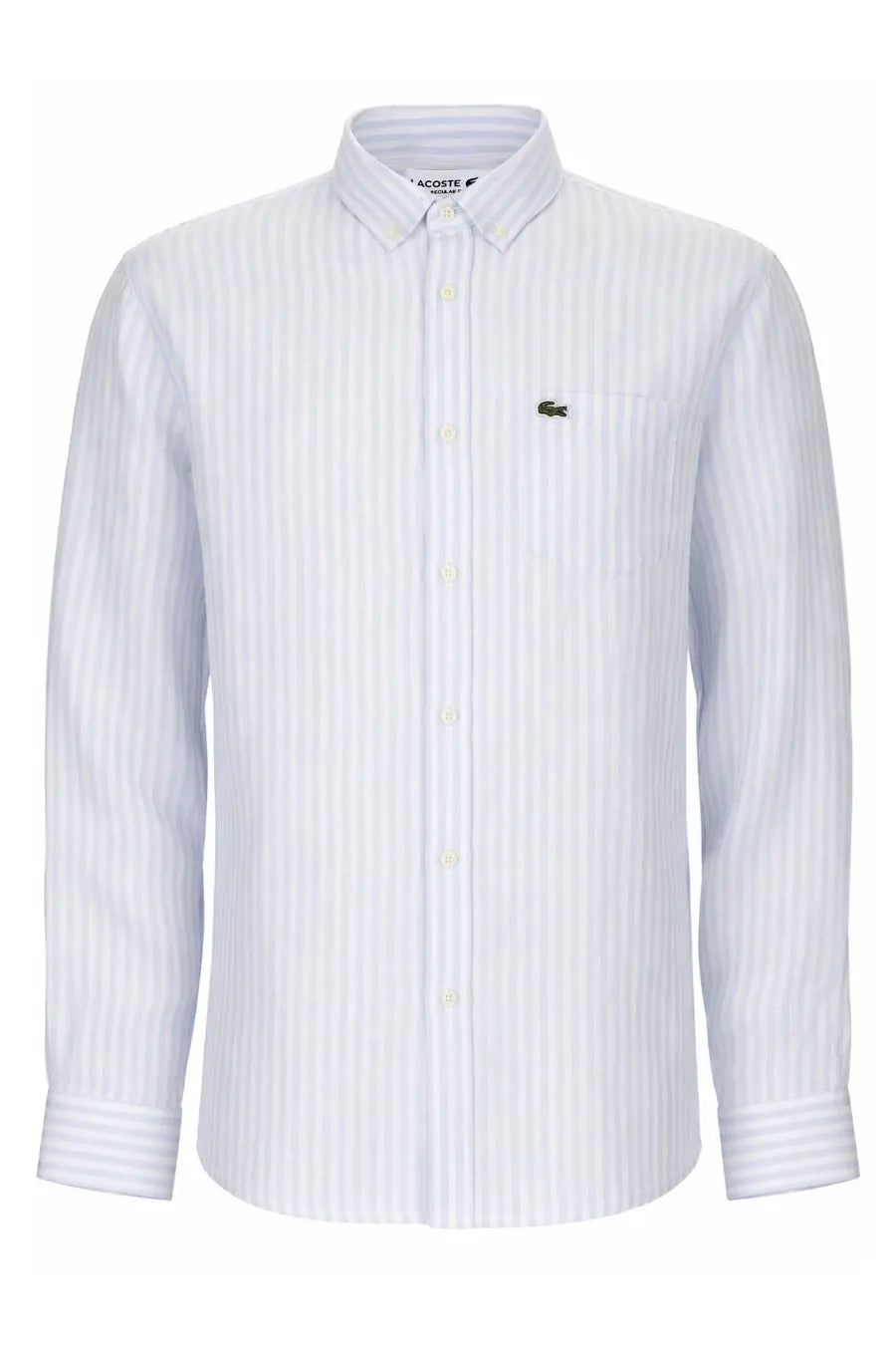 Lacoste men’s camicia con multicolor white and light blue striped long-sleeved shirt with green crocodile logo