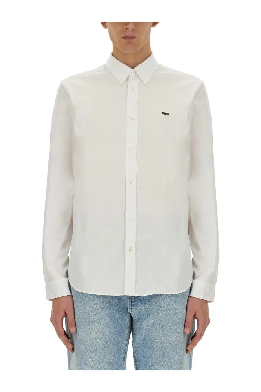Lacoste men’s city shirt white long-sleeved button-down with green crocodile logo on left chest made from cotton
