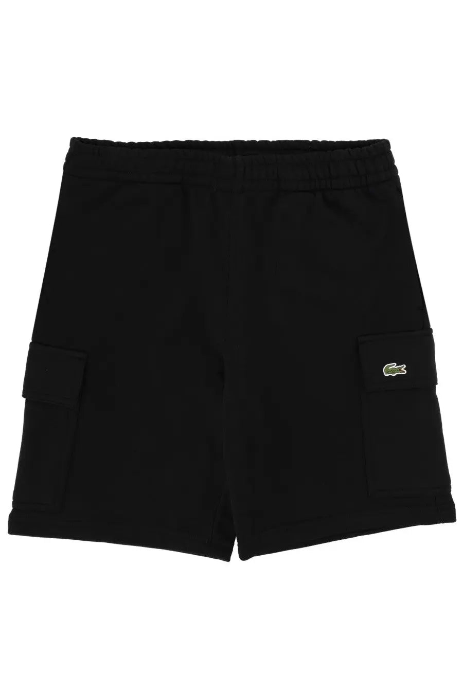 Lacoste men’s black cotton fleece cargo shorts with elastic waistband and green crocodile logo on pocket