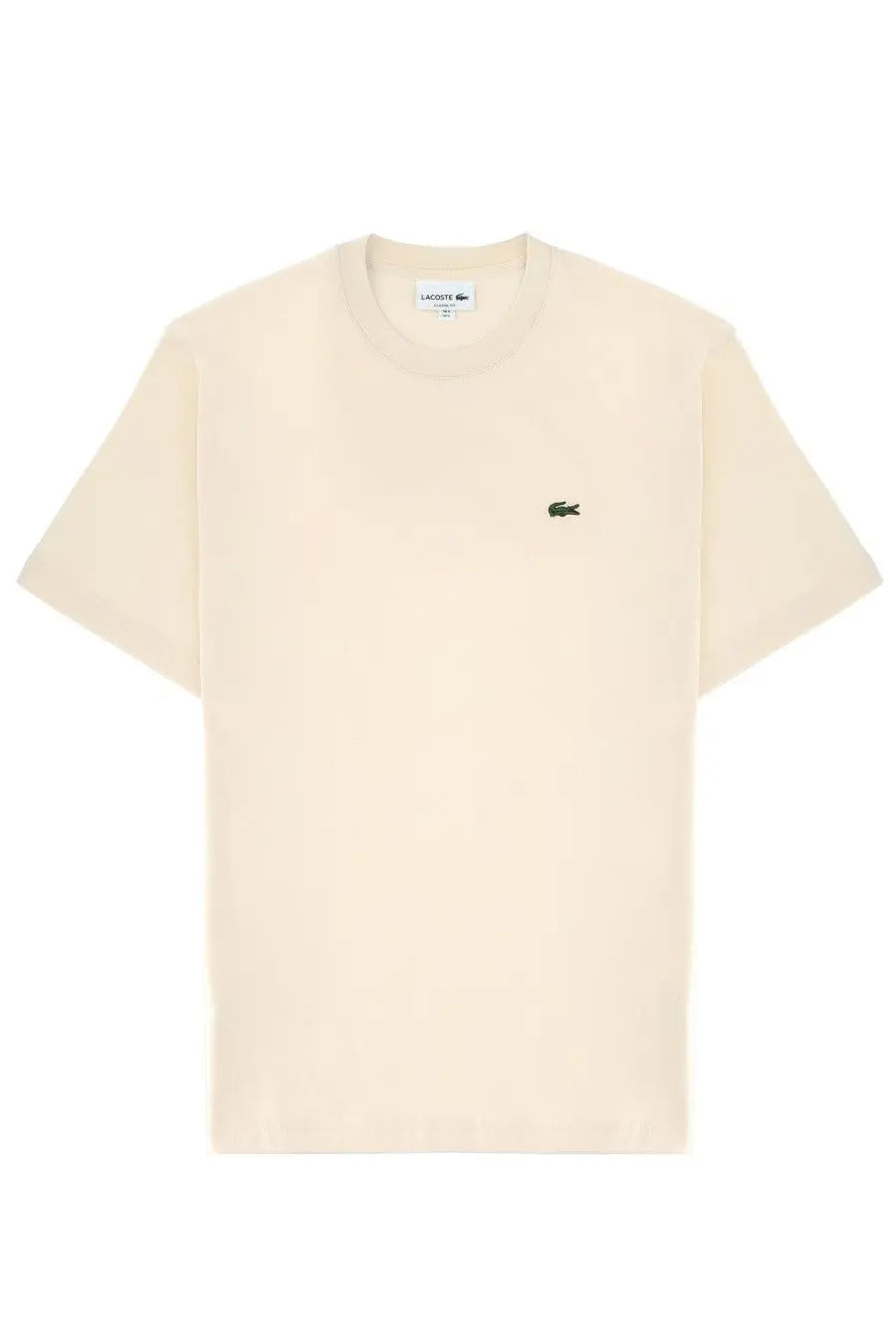 Lacoste men’s cotton beige short sleeve t-shirt with a cream color and small green crocodile logo on left chest
