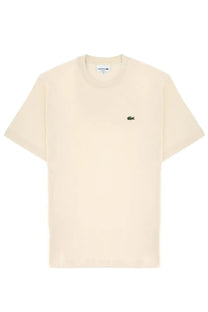 Lacoste men’s cotton beige short sleeve t-shirt with a cream color and small green crocodile logo on left chest