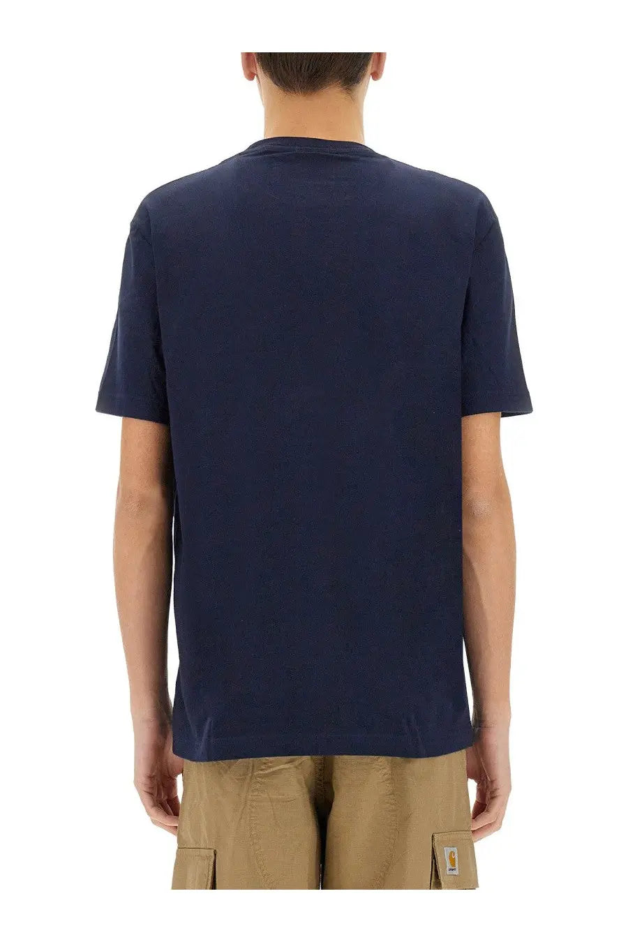 Lacoste men’s navy blue short-sleeved cotton shirt with subtle carhartt logo patch on lower left side
