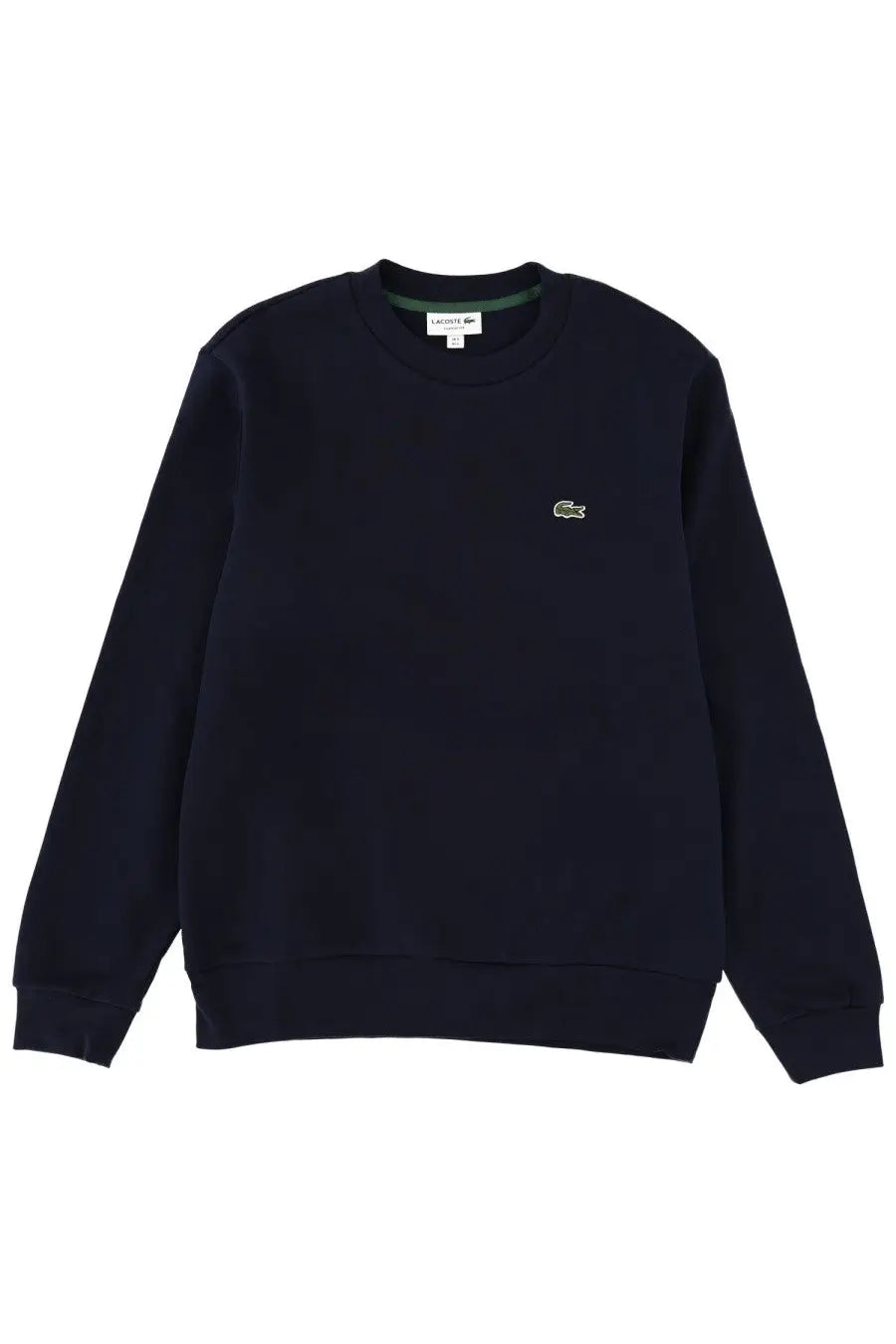 Dark navy blue lacoste men’s fleece crewneck sweatshirt with small embroidered green crocodile logo on left chest
