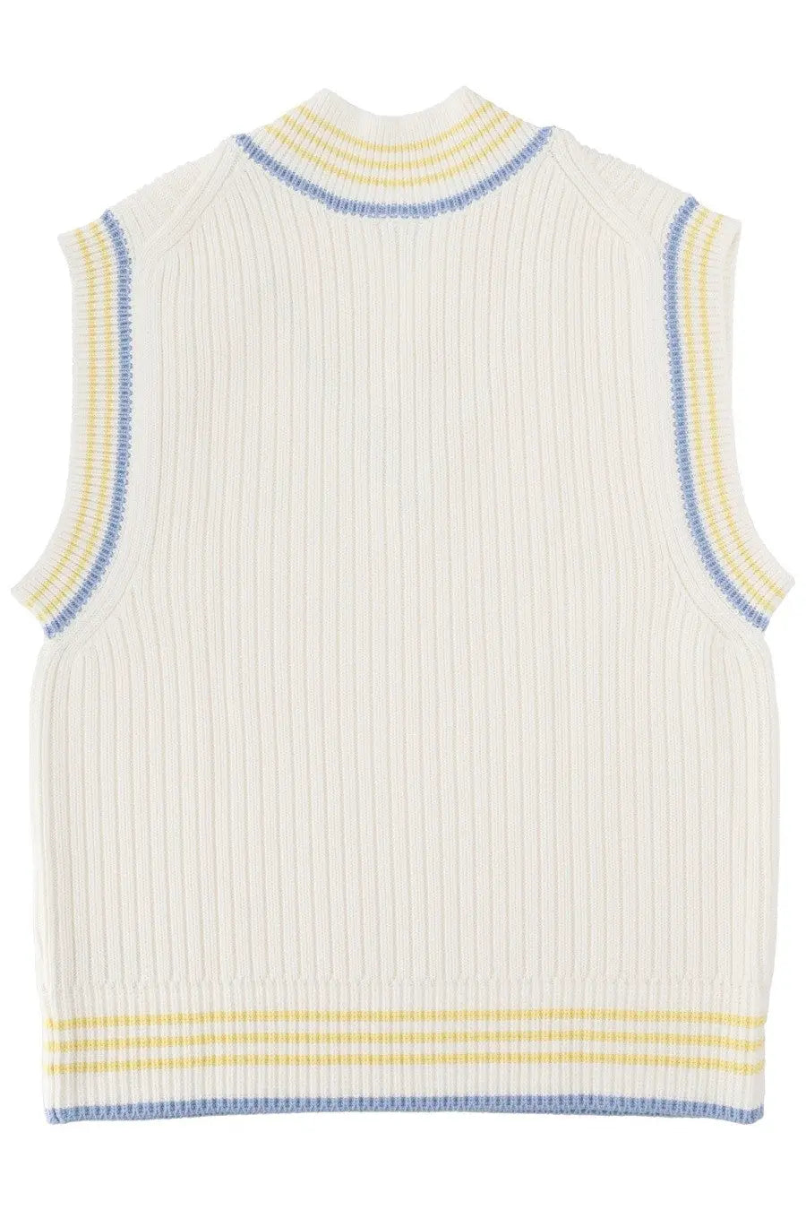 Lacoste men’s cream ribbed knit sleeveless vest with yellow and blue striped trim in white gilet style