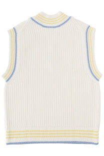 Lacoste men’s cream ribbed knit sleeveless vest with yellow and blue striped trim in white gilet style