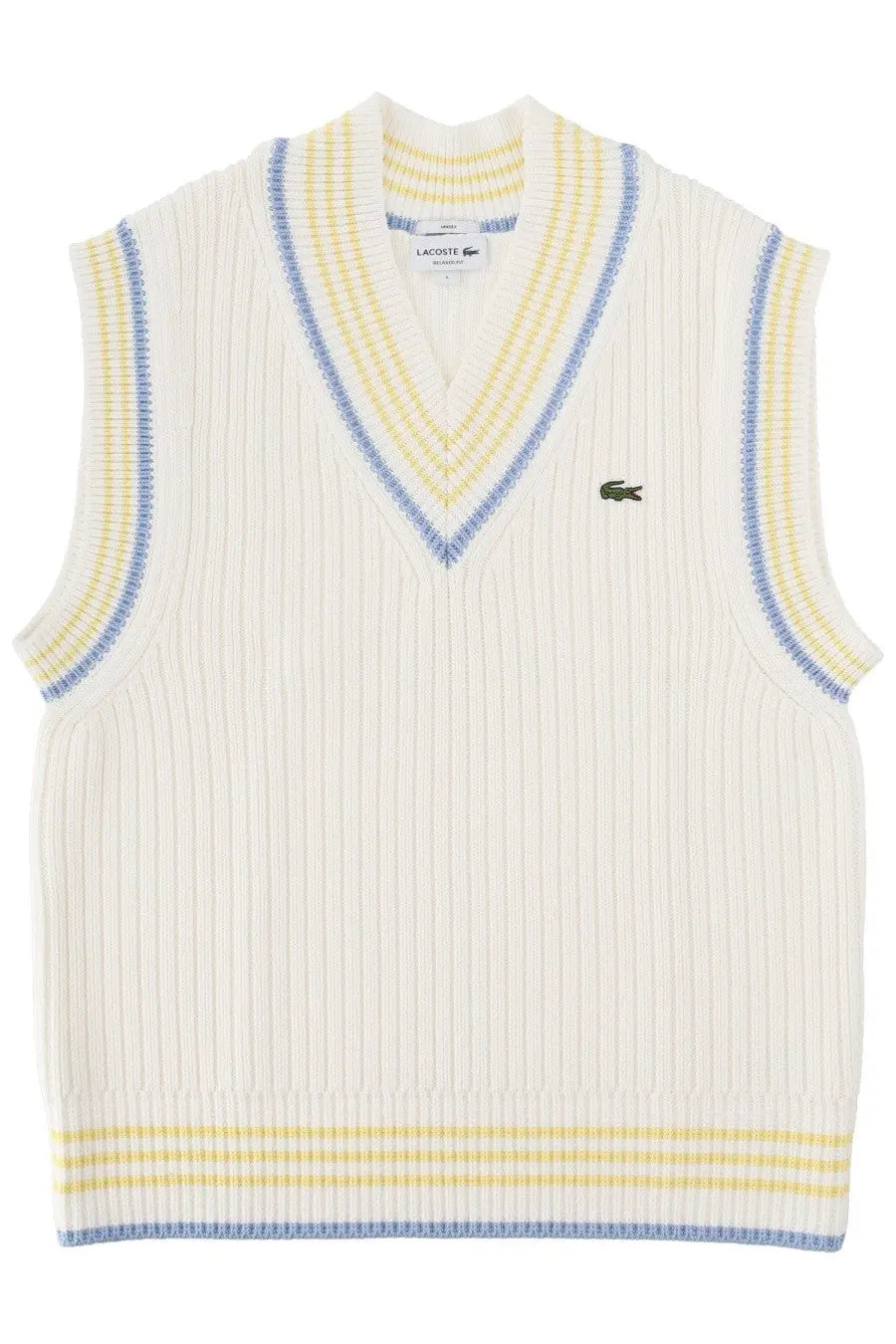 Lacoste men’s cream ribbed knit sleeveless vest with yellow and blue stripes in maglia con white design