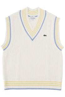 Lacoste men’s cream ribbed knit sleeveless vest with yellow and blue stripes in maglia con white design