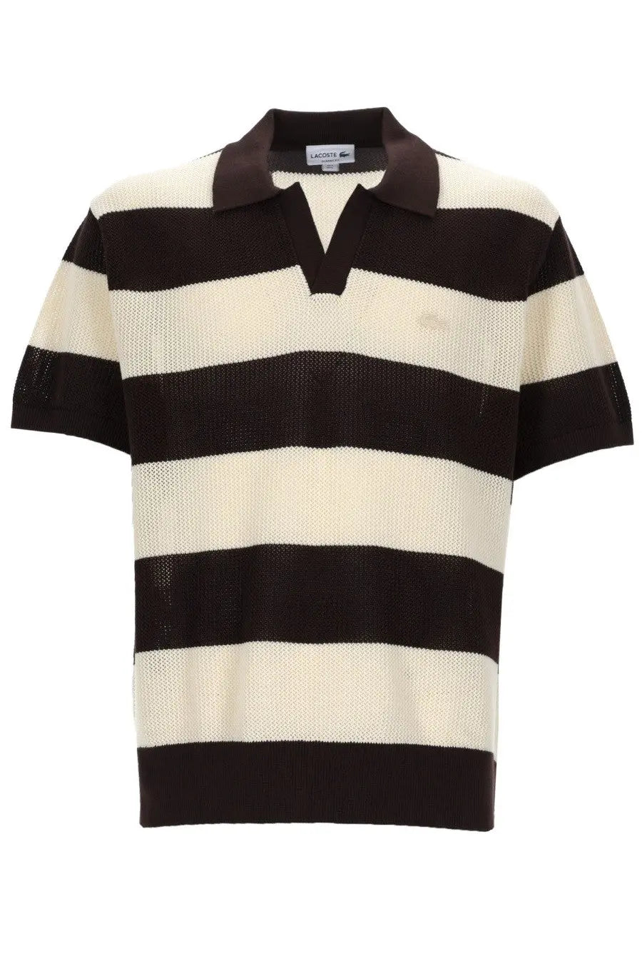 Lacoste men’s maglia con collo polo is a black and cream striped knit polo shirt with a dark contrasting collar