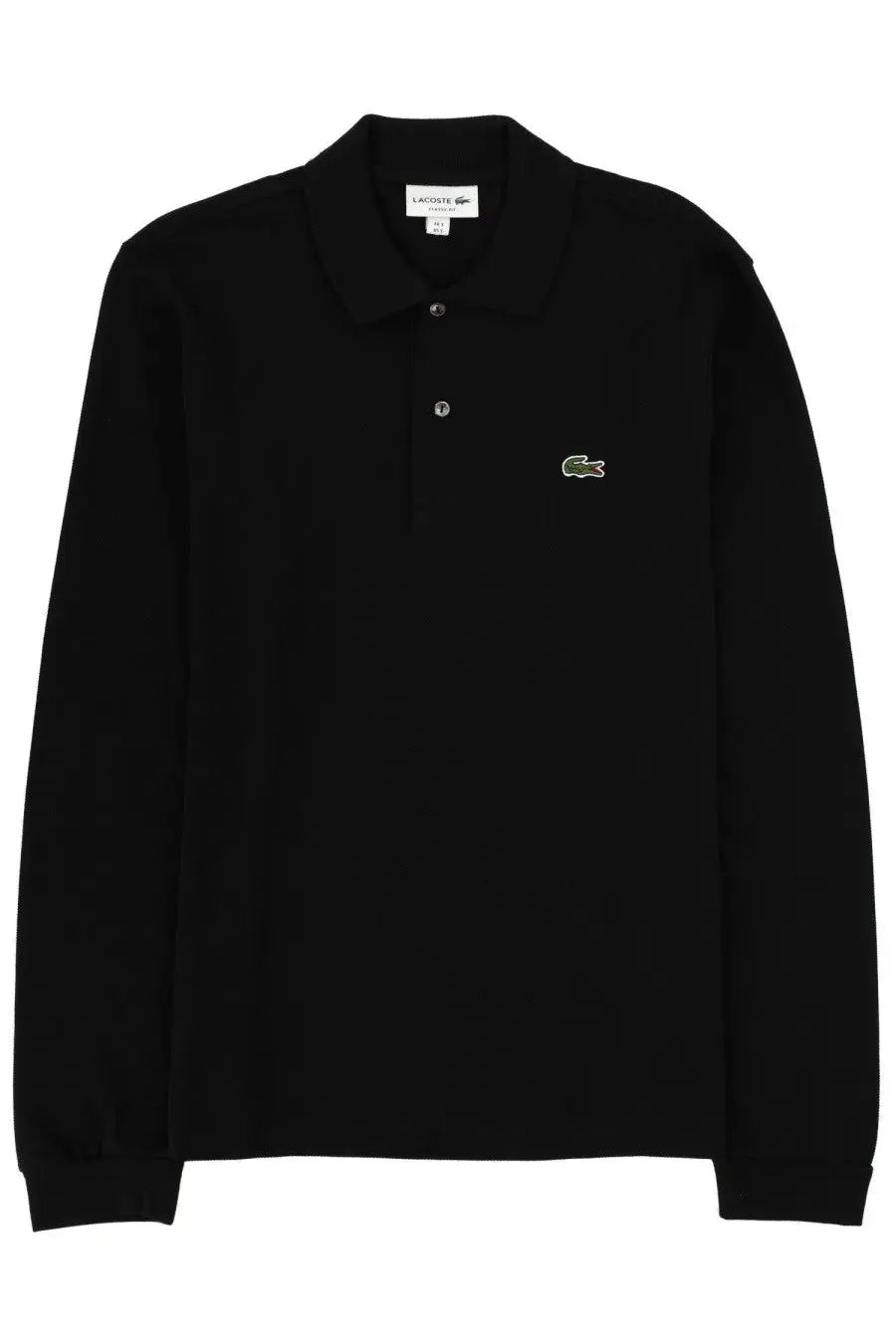 Lacoste men’s black long-sleeved polo shirt with green crocodile logo and silver buttons on the left chest
