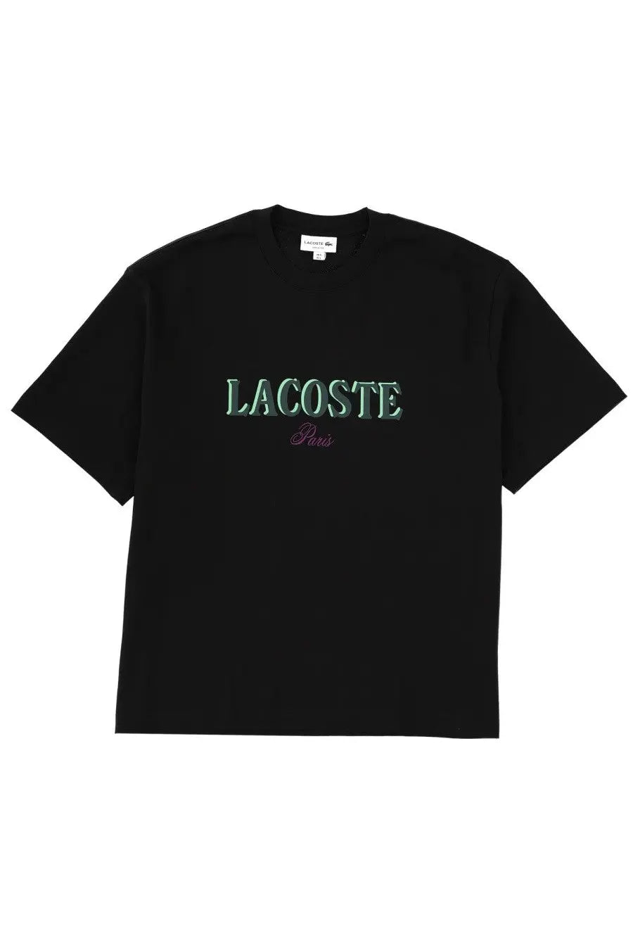 Lacoste men’s black t-shirt with teal lacoste and pink paris embroidery on the chest