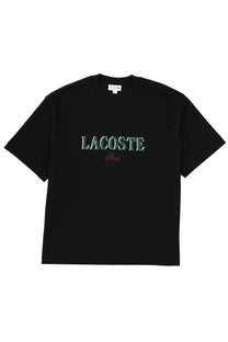 Lacoste men’s black t-shirt with teal lacoste and pink paris embroidery on the chest