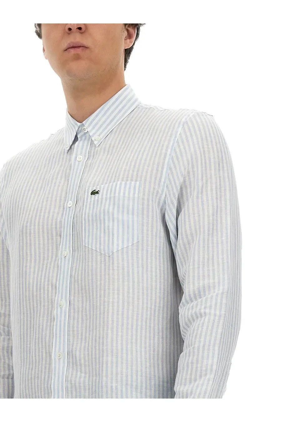 Lacoste men’s light blue and white striped long-sleeved cotton shirt with button-down front and crocodile logo pocket