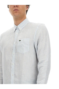 Lacoste men’s light blue and white striped long-sleeved cotton shirt with button-down front and crocodile logo pocket