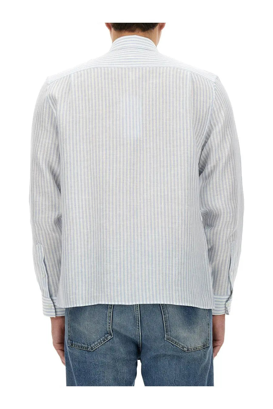 Lacoste men’s light blue and white striped long-sleeved button-up shirt with classic collar and cotton fabric