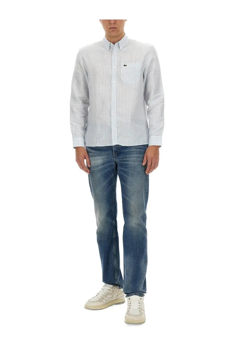 Lacoste men’s light blue and white striped long-sleeved cotton shirt with embroidered logo on chest pocket