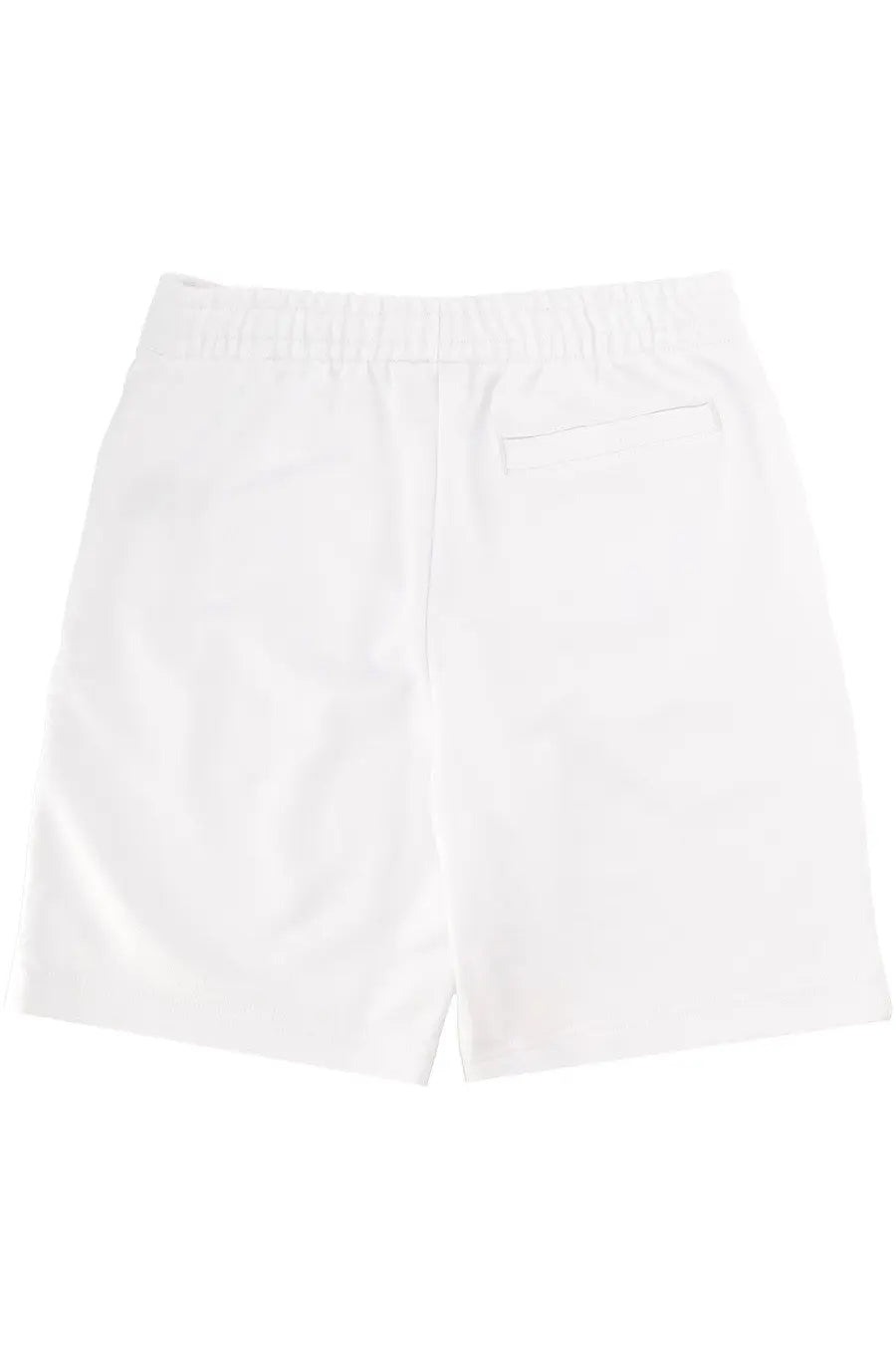 Lacoste men’s white cotton shorts with elastic waistband and single back pocket shown from the back side