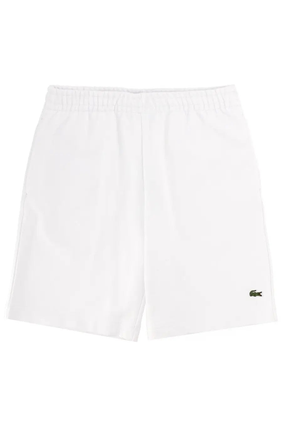 Lacoste men’s white tennis shorts with subtle textured fabric and green crocodile logo on lower right leg