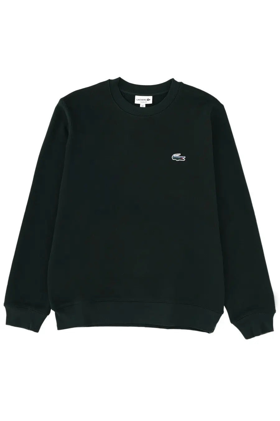 Lacoste men’s black crewneck sweatshirt with small embroidered crocodile logo on left chest for casual wear