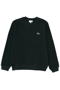 Lacoste men’s black crewneck sweatshirt with small embroidered crocodile logo on left chest for casual wear