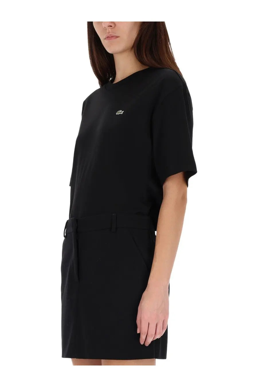Lacoste women’s black short-sleeved dress with subtle embroidered logo and side pockets made from soft fabric