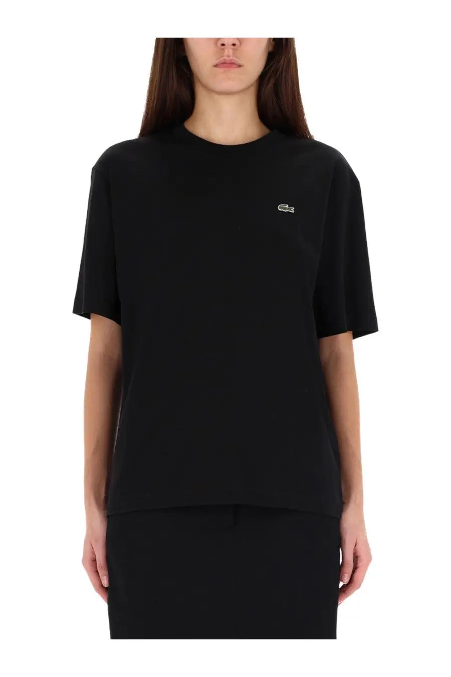Lacoste women’s black short-sleeved cotton t-shirt with small embroidered crocodile logo on left chest