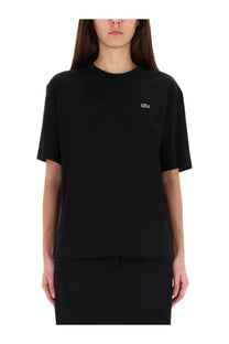 Lacoste women’s black short-sleeved cotton t-shirt with small embroidered crocodile logo on left chest
