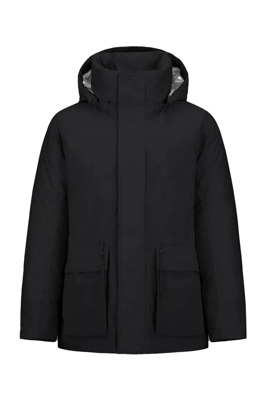 Laminar men’s crinkle metallic parka black puffer jacket with hood lined in reflective silver and two front patch pockets