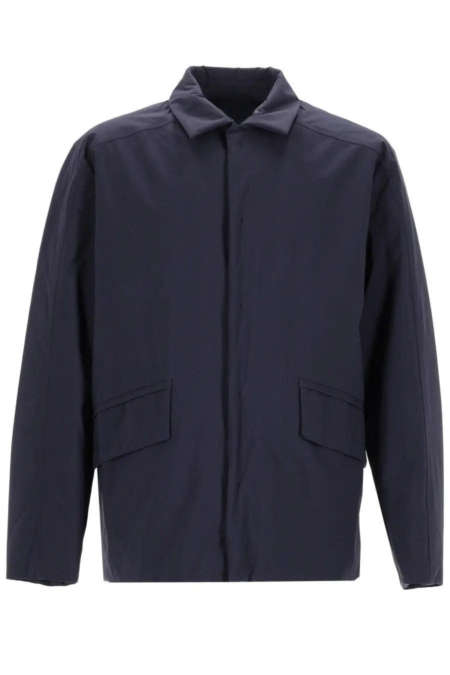 Laminar men’s giacca dark navy blue minimalist jacket with structured collar two front patch pockets in 2l gore tex blue