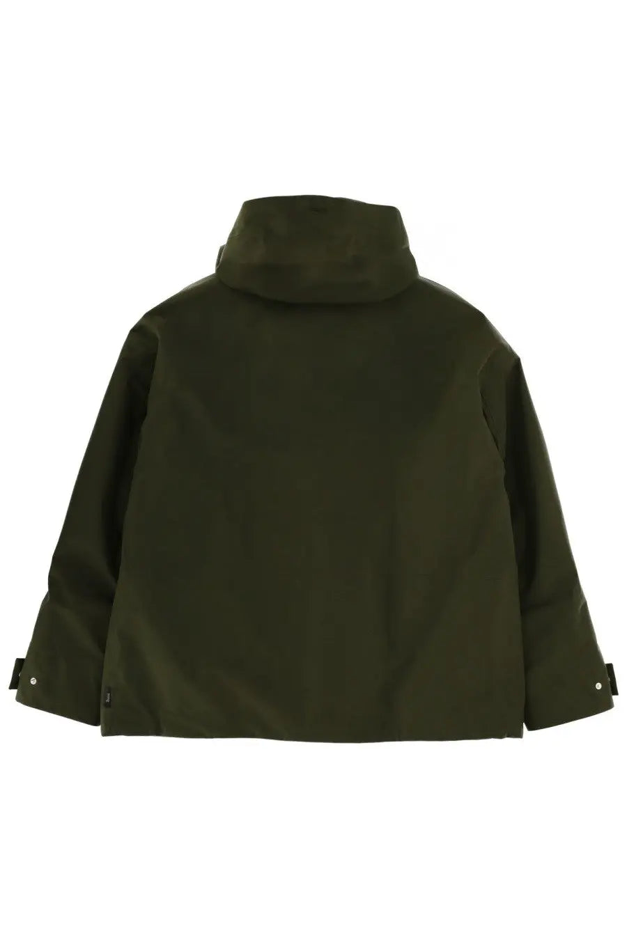 Dark olive green laminar men’s goretex parka with hood sleek modern design and subtle stitching details