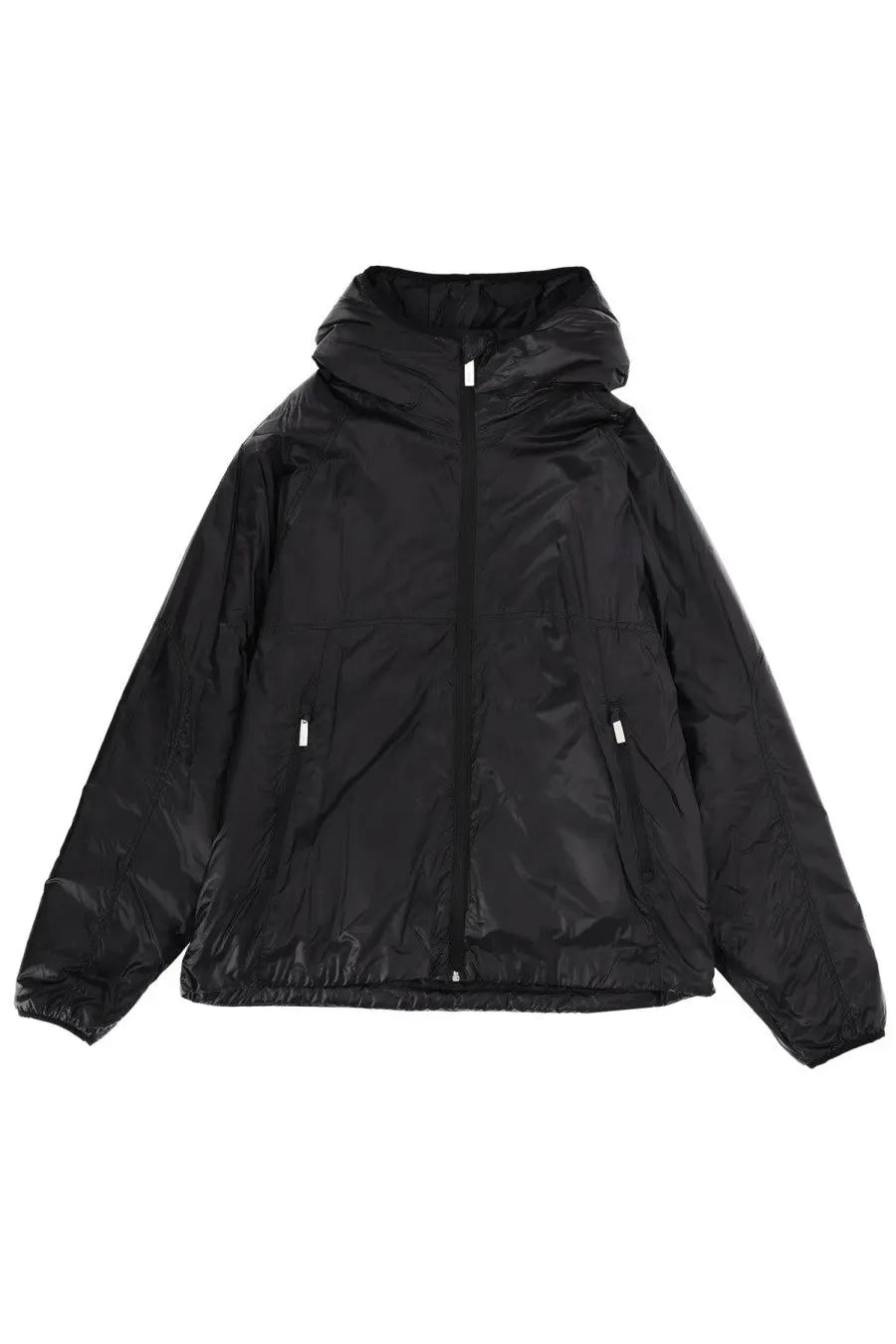 Laminar men’s black hooded puffer jacket with shiny lightweight nylon finish and subtle reflective zipper pulls