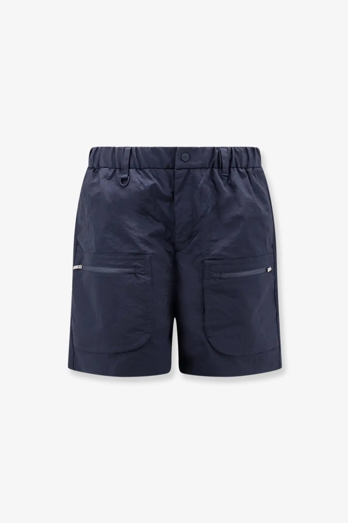 Dark navy laminar men’s nylon bermuda shorts with drawstring waistband and two large cargo pockets