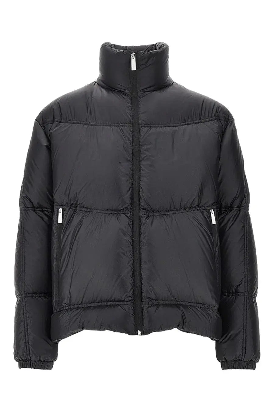 Laminar men’s padded black jacket with high collar quilted design and silver zippers for cold weather wear