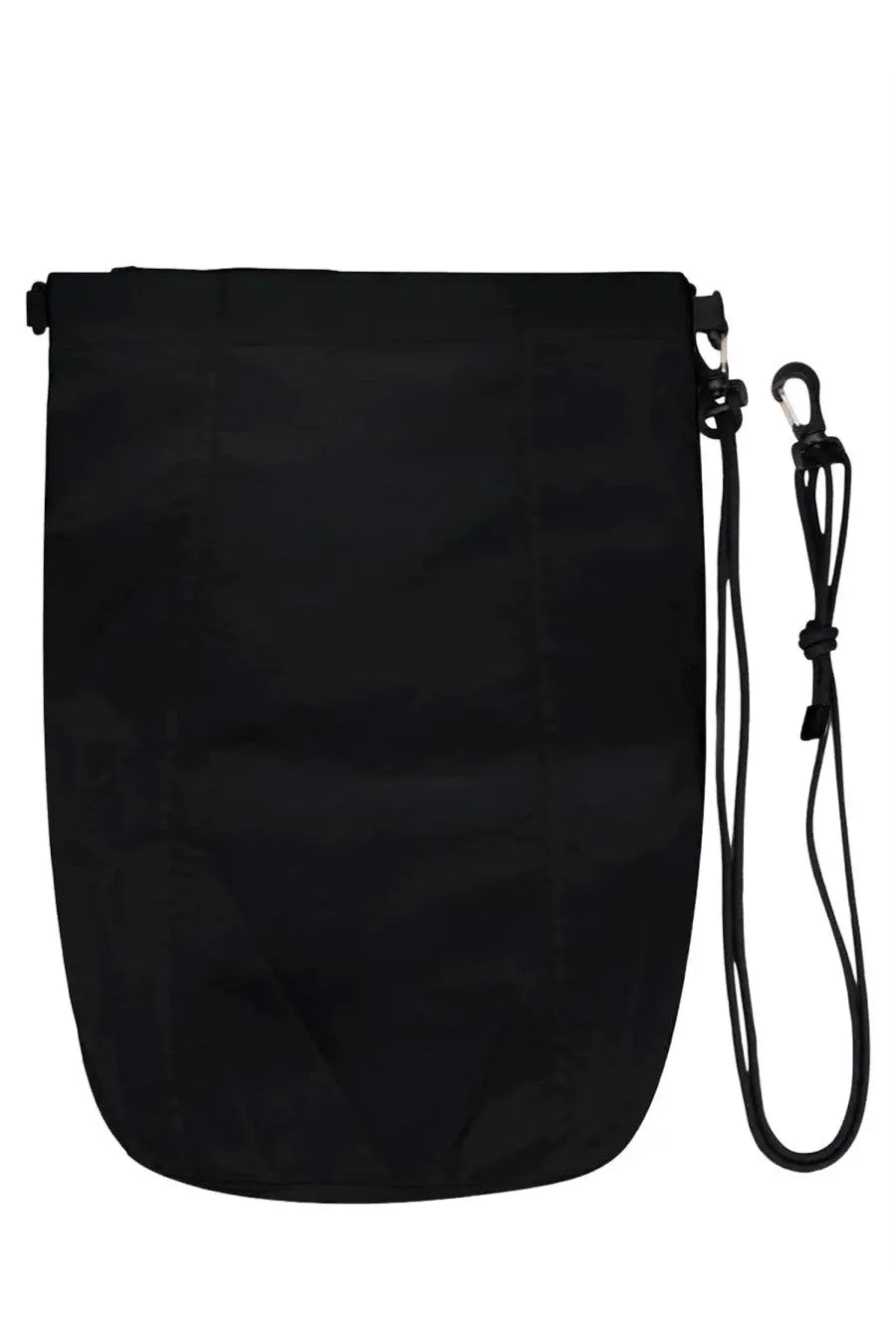 Black laminar men’s taffeta drawstring bag with adjustable strap and carabiner clip for versatile use