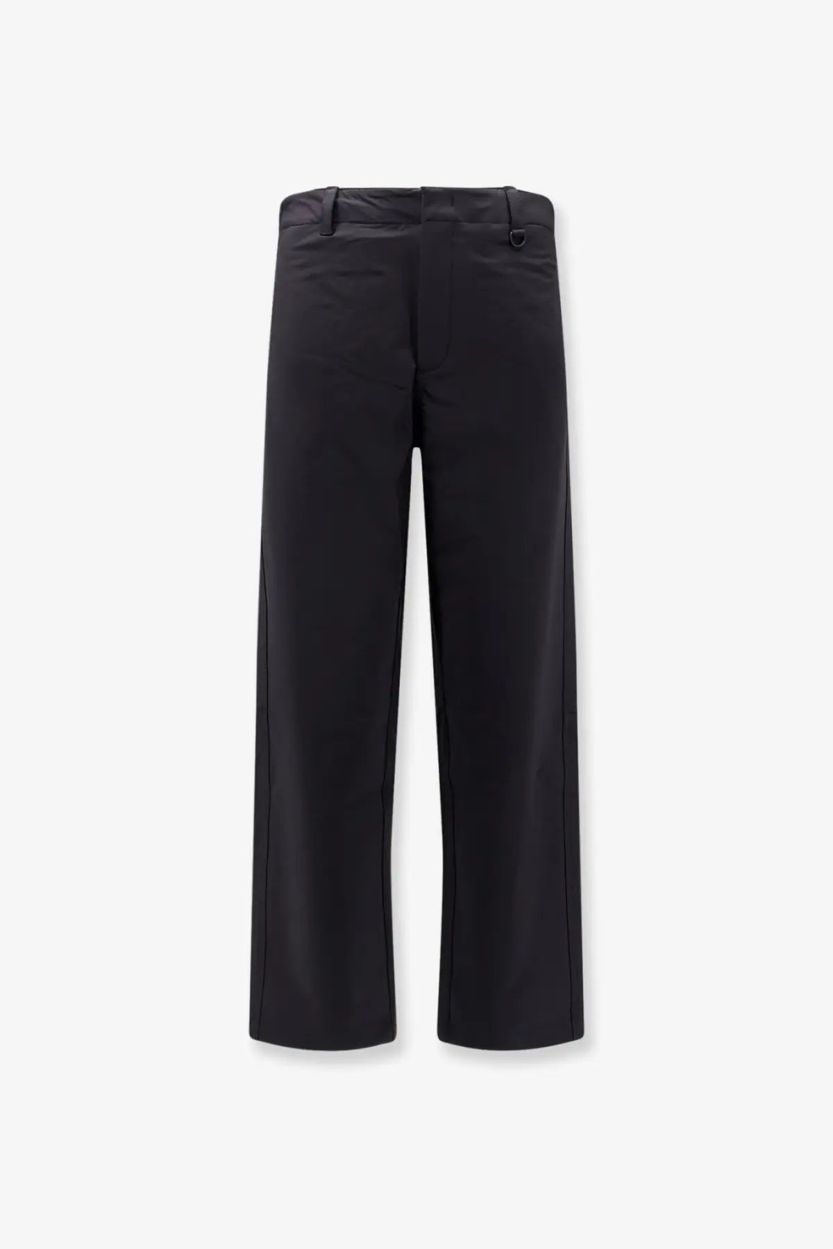 Black laminar men’s technical fabric wide-leg trousers with sleek modern cut and subtle side seam detailing