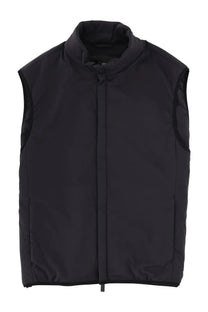Black quilted sleeveless vest with high collar and front zipper from laminar men’s vest black collection