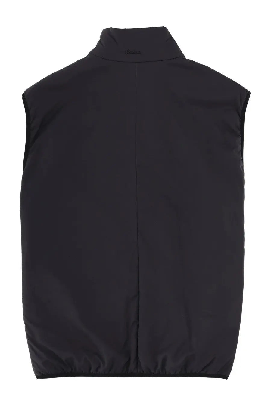 Black sleeveless puffer vest with high collar and subtle seam detailing from laminar mens vest collection