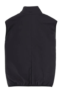 Black sleeveless puffer vest with high collar and subtle seam detailing from laminar mens vest collection