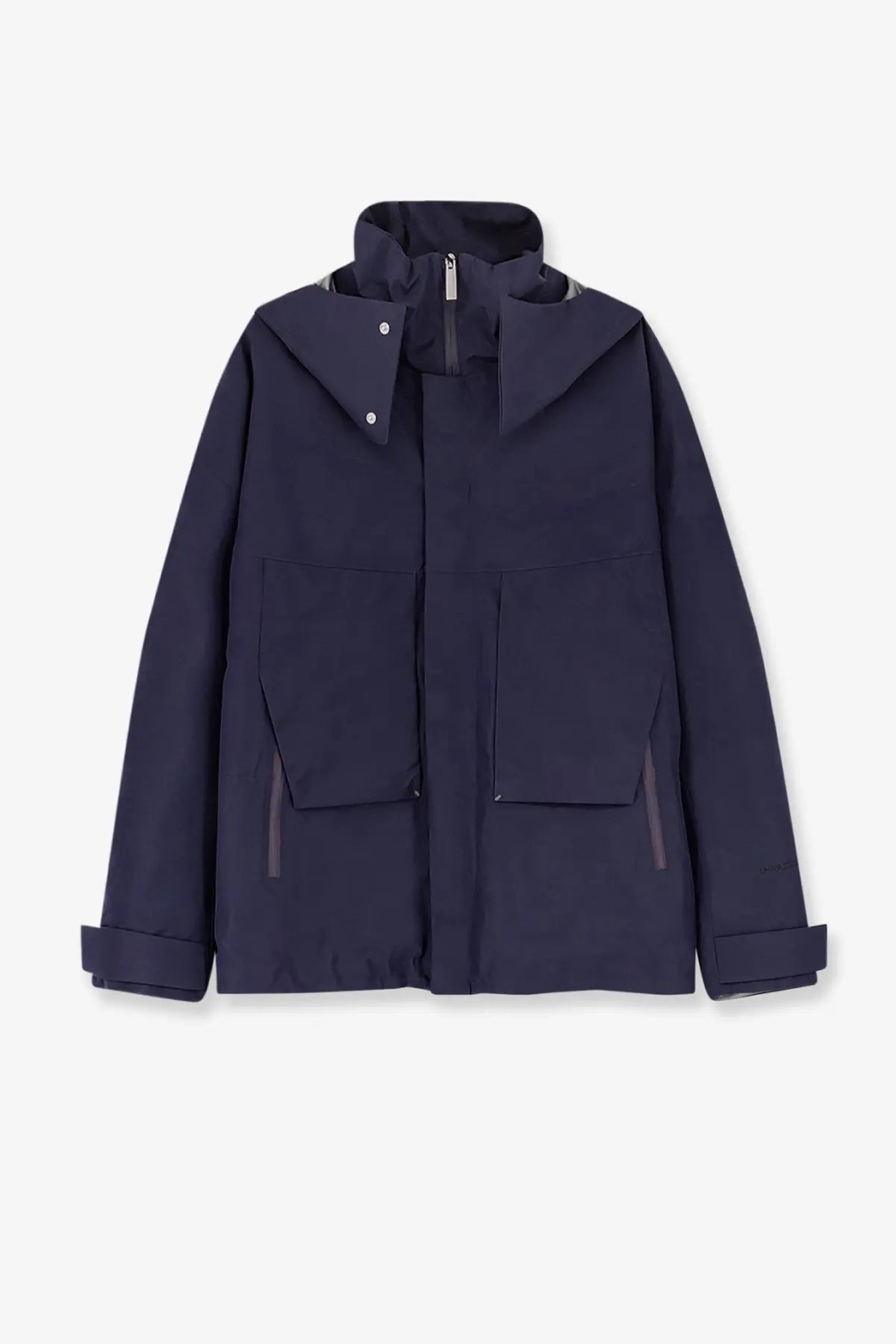 Laminar men’s waterproof jacket in dark navy blue with hood, sleek modern design, and two large front pockets