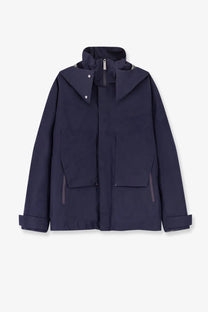 Laminar men’s waterproof jacket black in dark navy blue with hood, sleek modern design, and two large front pockets