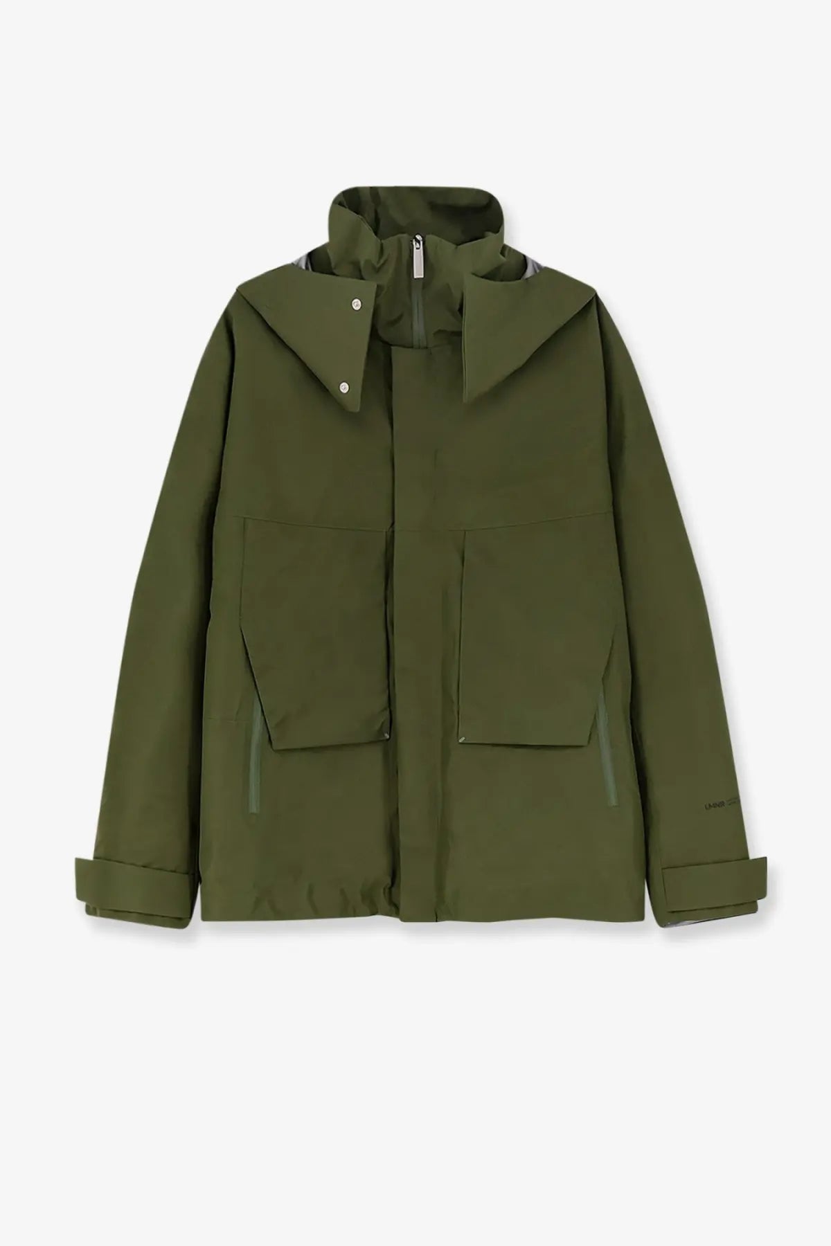 Laminar men’s olive green waterproof jacket with high collar, two large front pockets, and adjustable cuffs