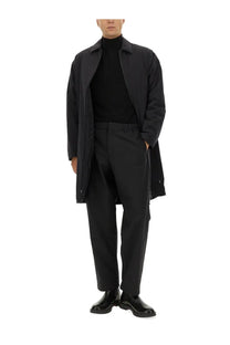 Laminar men’s waterproof black quilted trench coat with two layer goretex and structured collar with zipper details