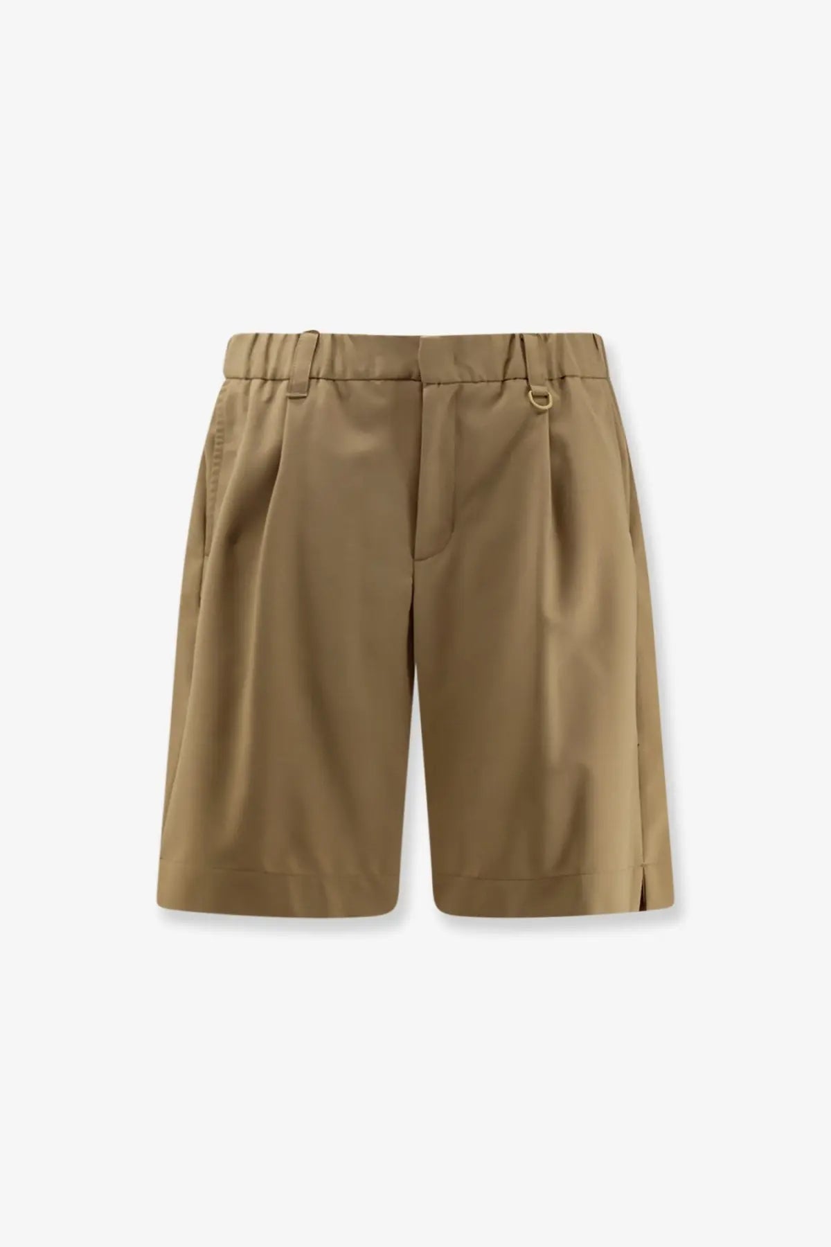 Laminar men’s wool blend bermuda shorts in khaki with pleats elastic waistband and metal ring detail on side