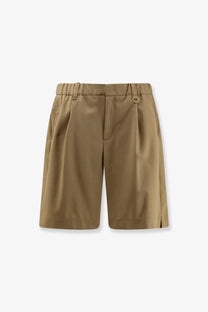 Laminar men’s wool blend bermuda shorts in khaki with pleats elastic waistband and metal ring detail on side