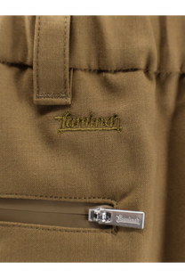 Tan khaki canvas pants with subtle embroidered tannhauser logo and silver zipper pull in laminar mens wool blend bermuda shorts green