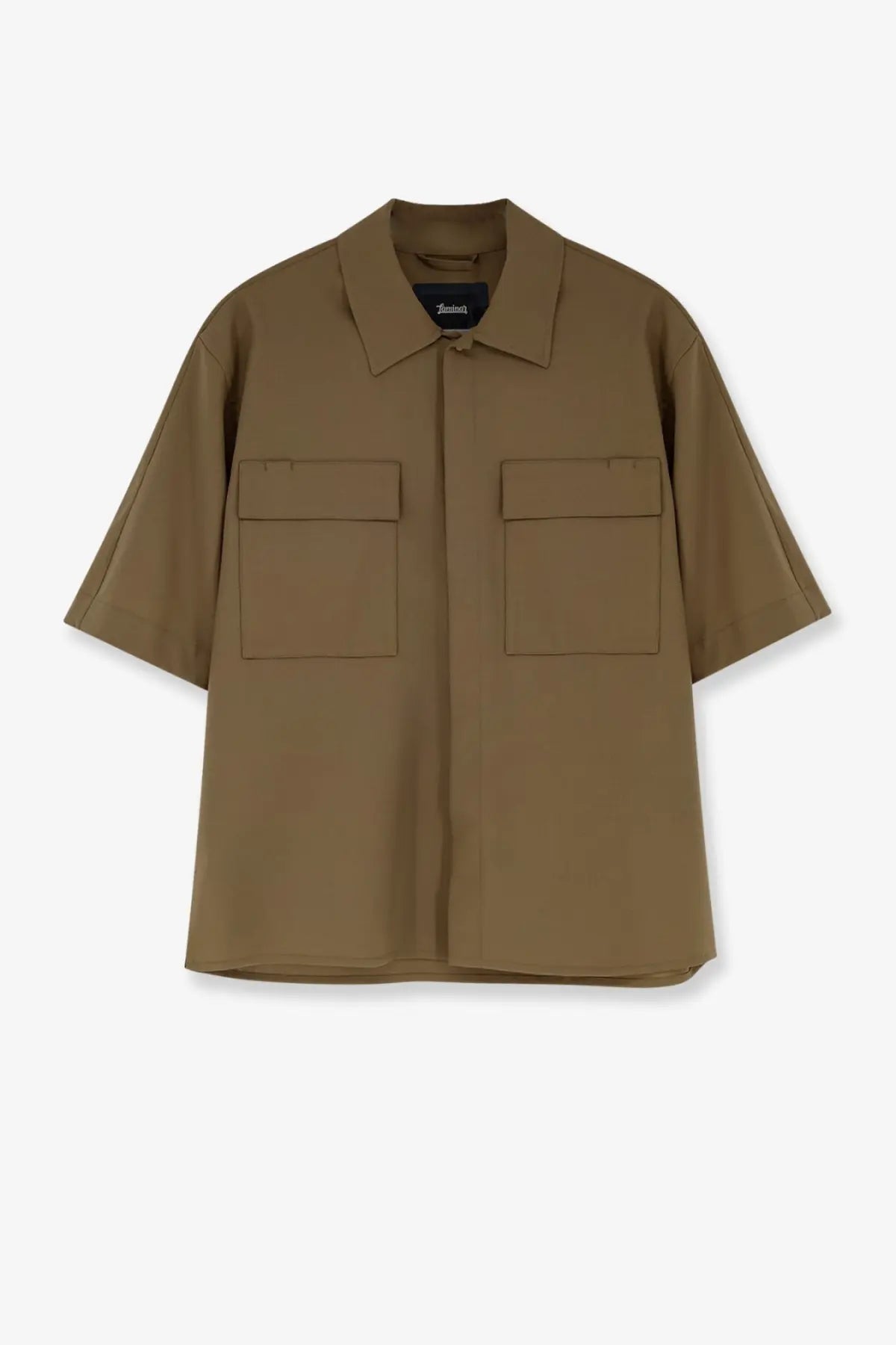 Laminar men’s wool blend shirt green with short sleeves collar and two front patch pockets in olive green minimalist style
